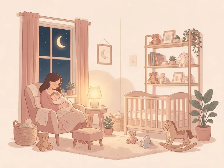 Ilustração: mãe na poltrona à noite com o bebê adormecido colado nela