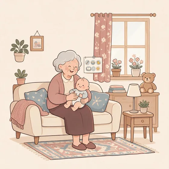Ilustração: avó no sofá com o bebê tranquilo no colo