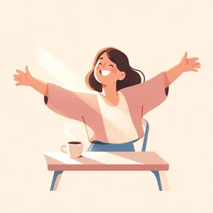 Ilustração: mãe descansada se espreguiçando de manhã, sorrindo
